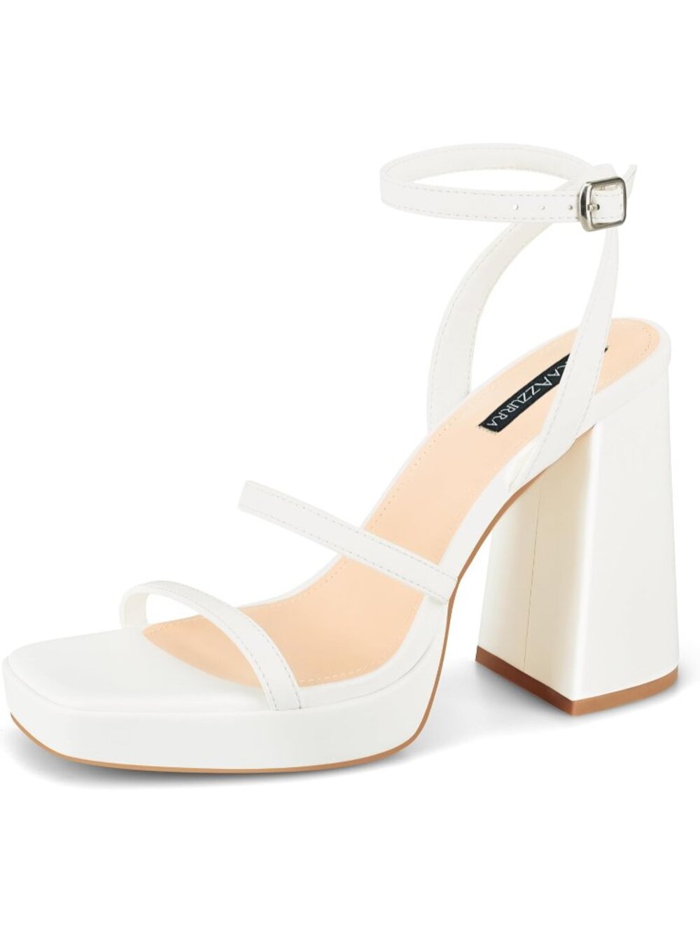 Women's White Faux Leather Chunky Block Heel Square Open Toe Two Strap Heels